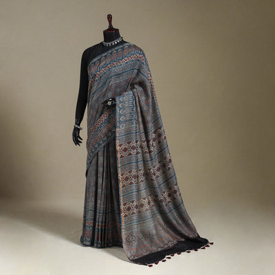 Blue Natural Dyed Block Print Chanderi Silk Ajrakh Saree