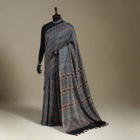 Blue Natural Dyed Block Print Chanderi Silk Ajrakh Saree