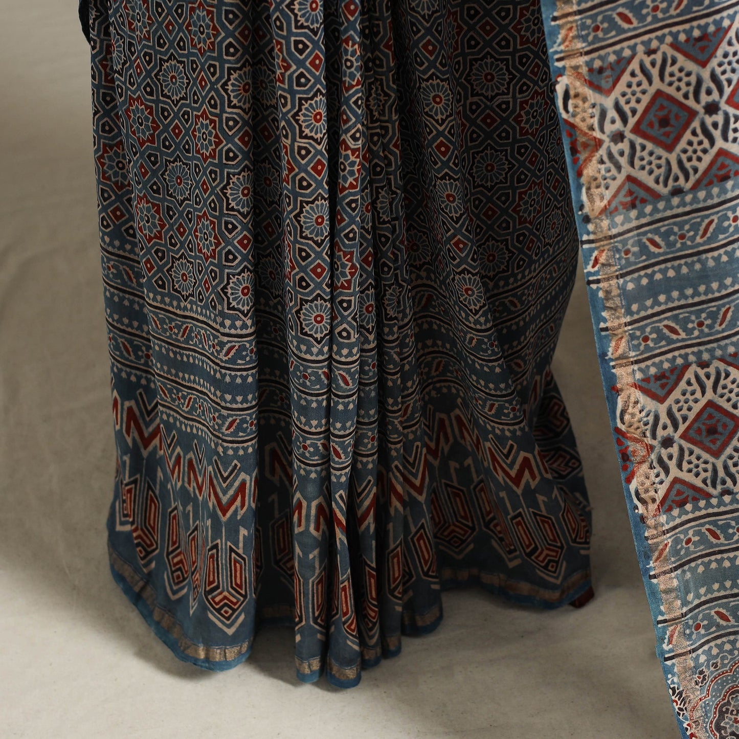 Blue Natural Dyed Block Print Chanderi Silk Ajrakh Saree