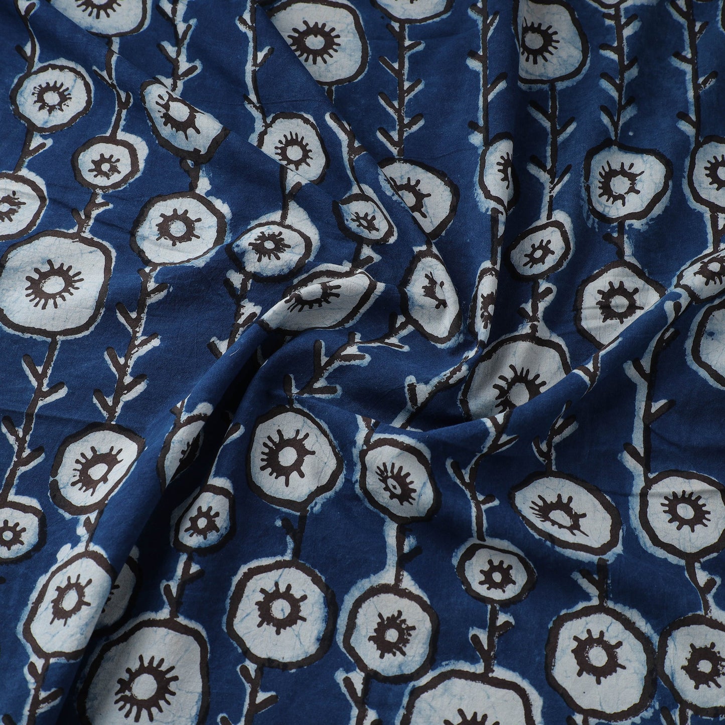 Blue - natural dyed cotton bindaas fabric - hollyhocks