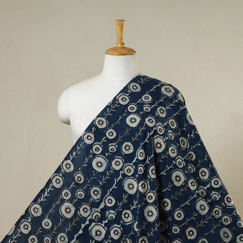 Blue - natural dyed cotton bindaas fabric - hollyhocks