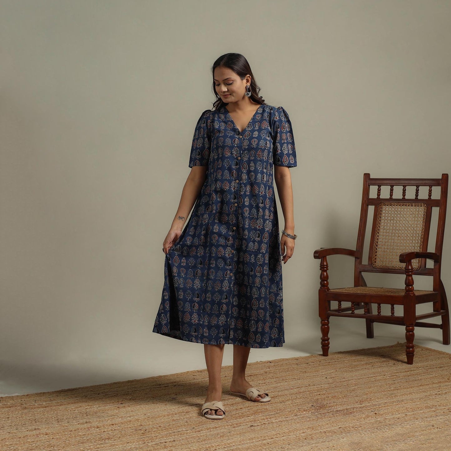 Natural dyed cotton button down dress 05 - handcrafted