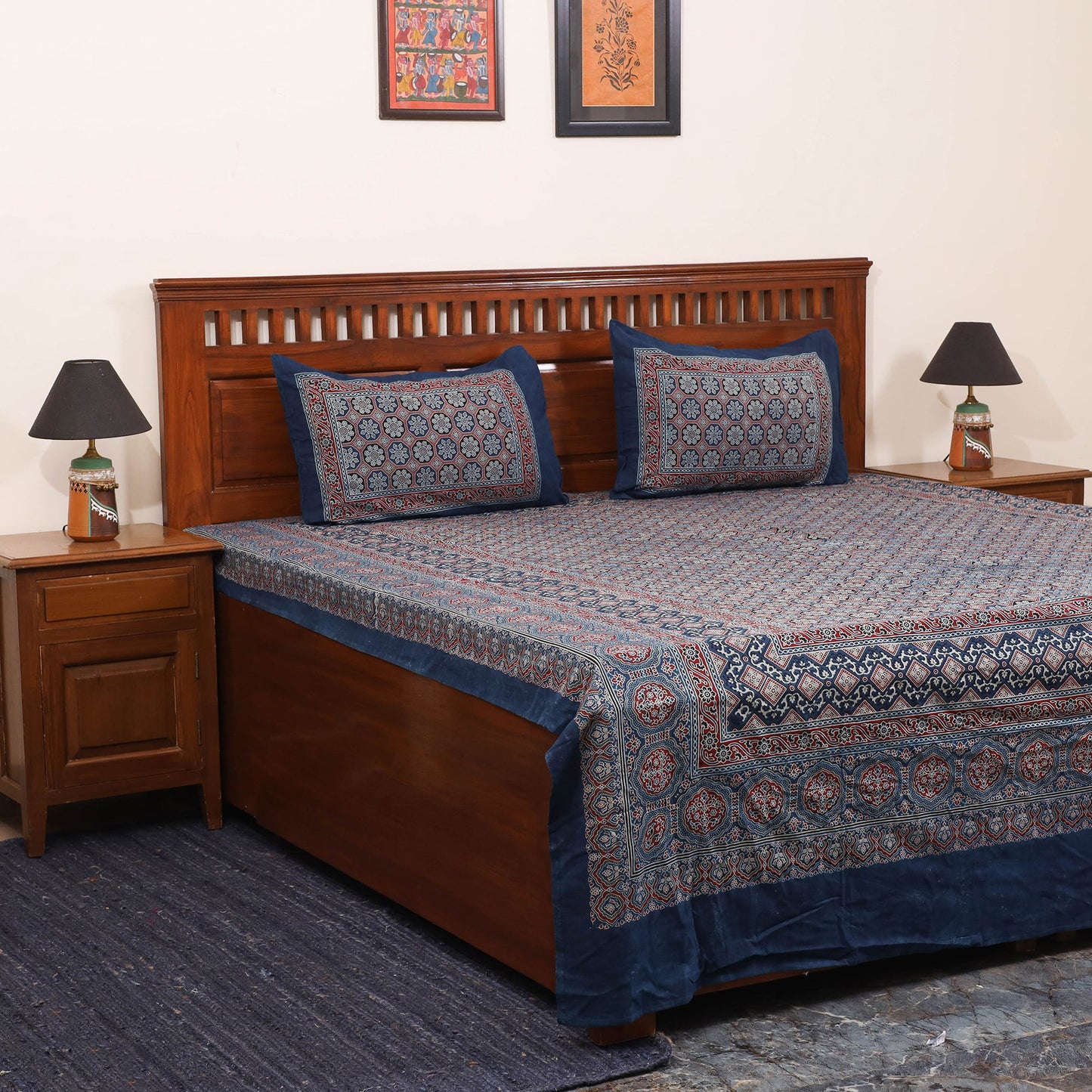 Blue - natural dyed cotton double bed sheet set 05