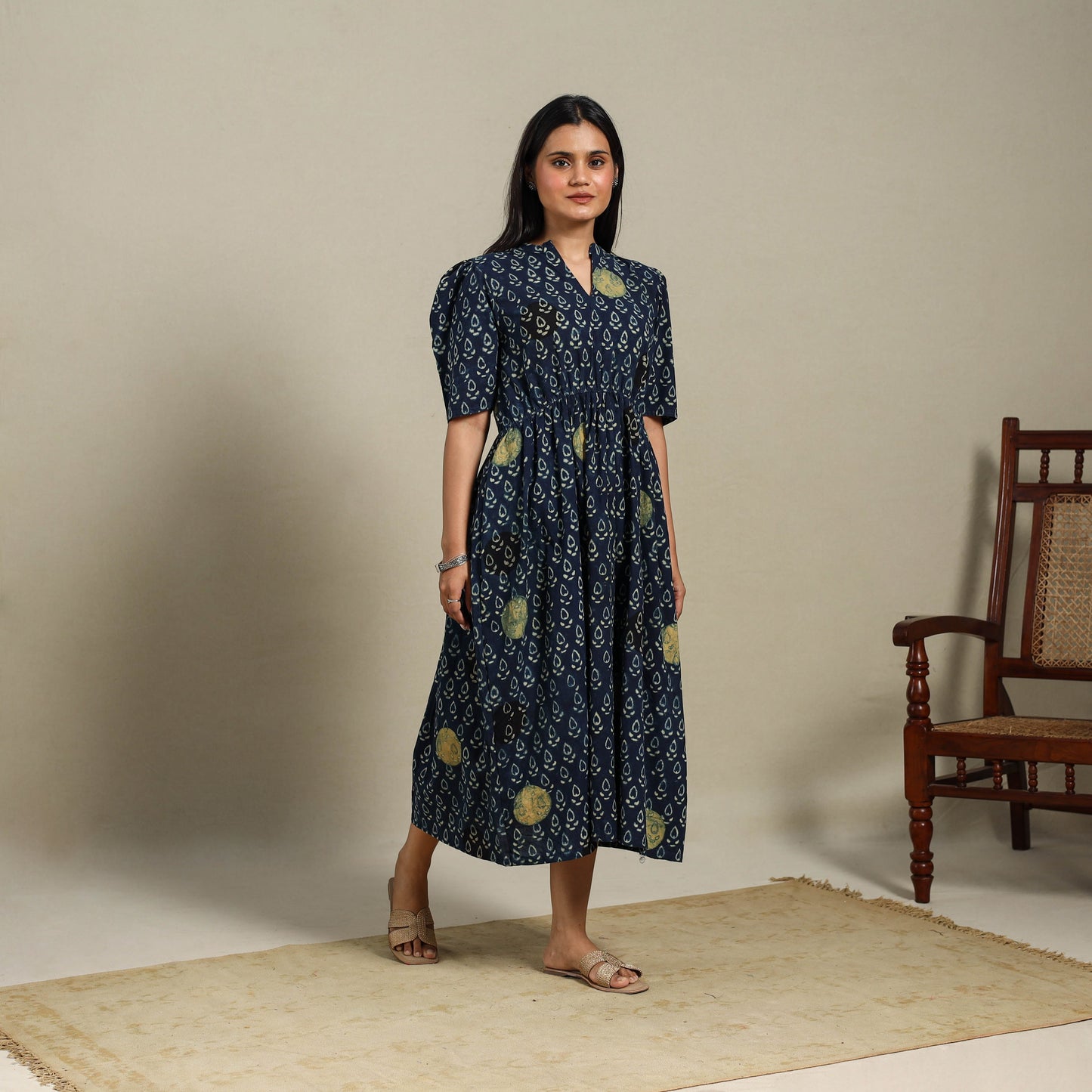 Blue - natural dyed cotton fit & flare dress 01