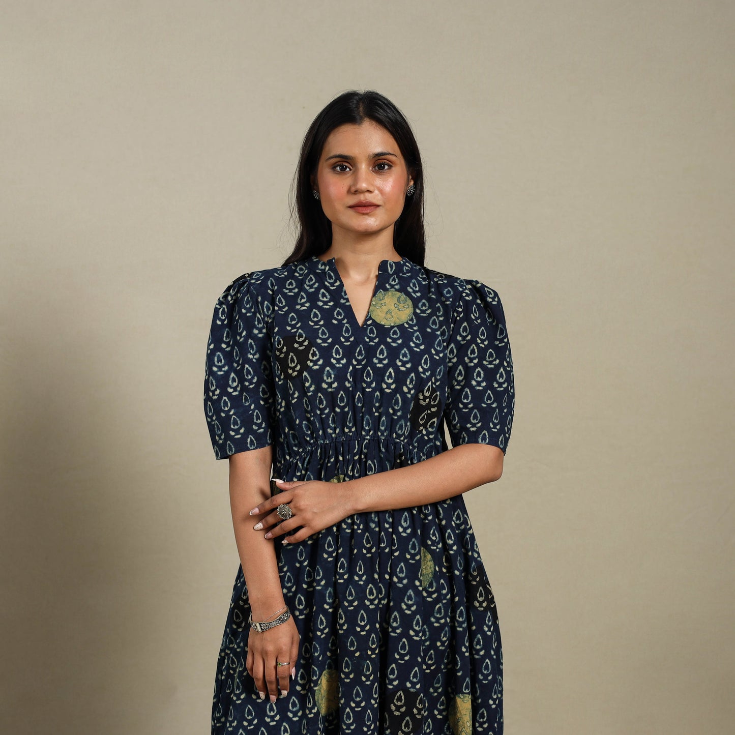 Blue - natural dyed cotton fit & flare dress 01