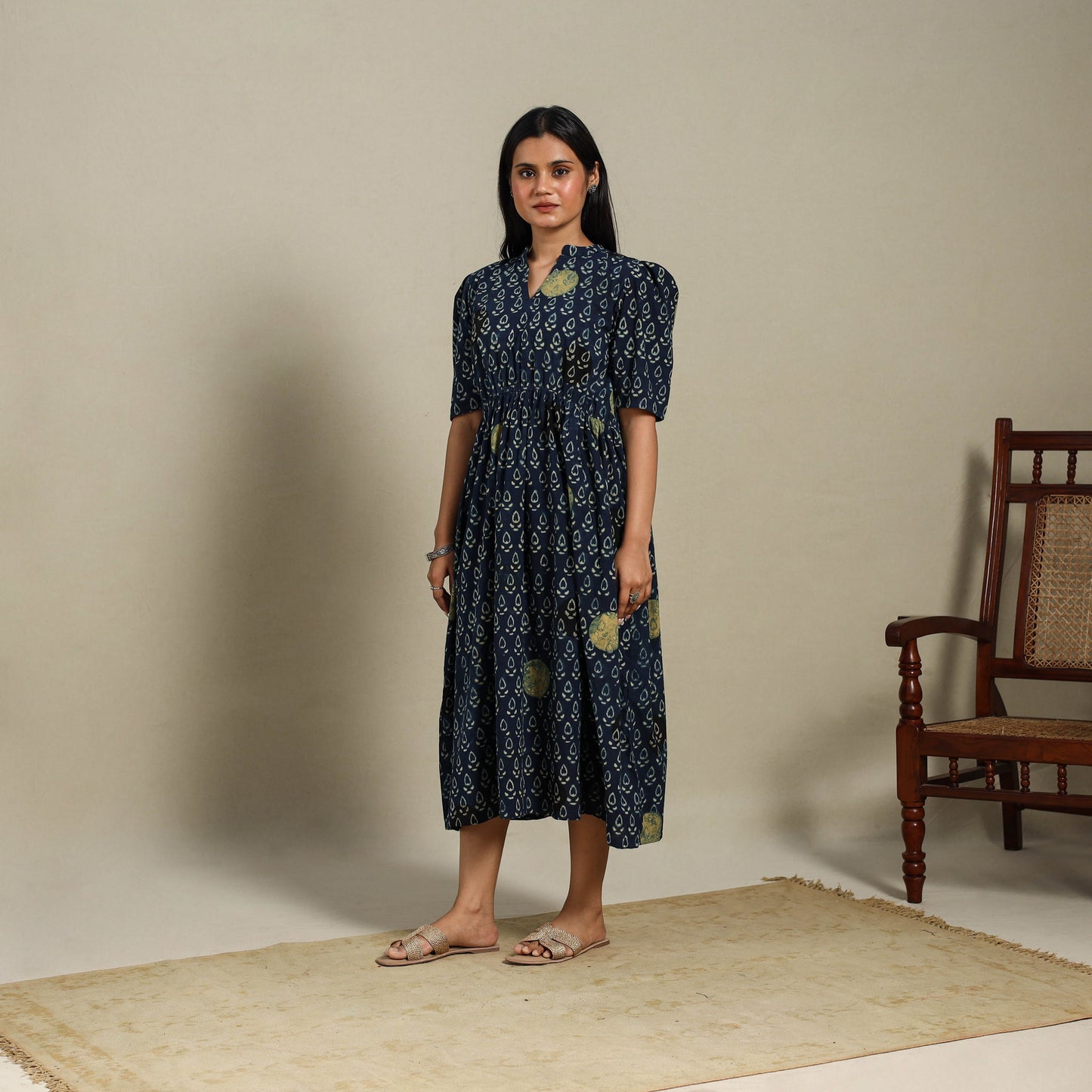 Blue - natural dyed cotton fit & flare dress 01