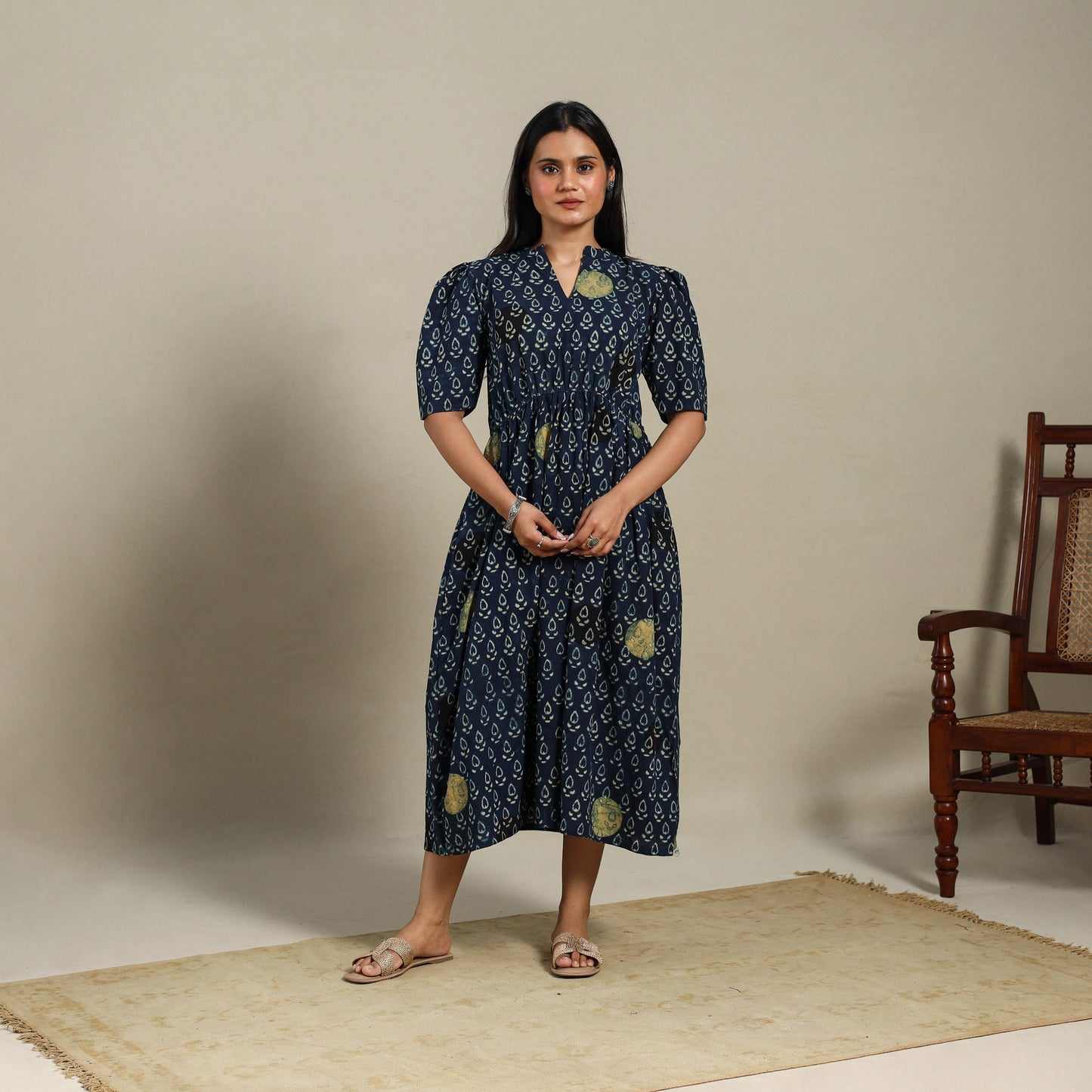 Blue - natural dyed cotton fit & flare dress 01