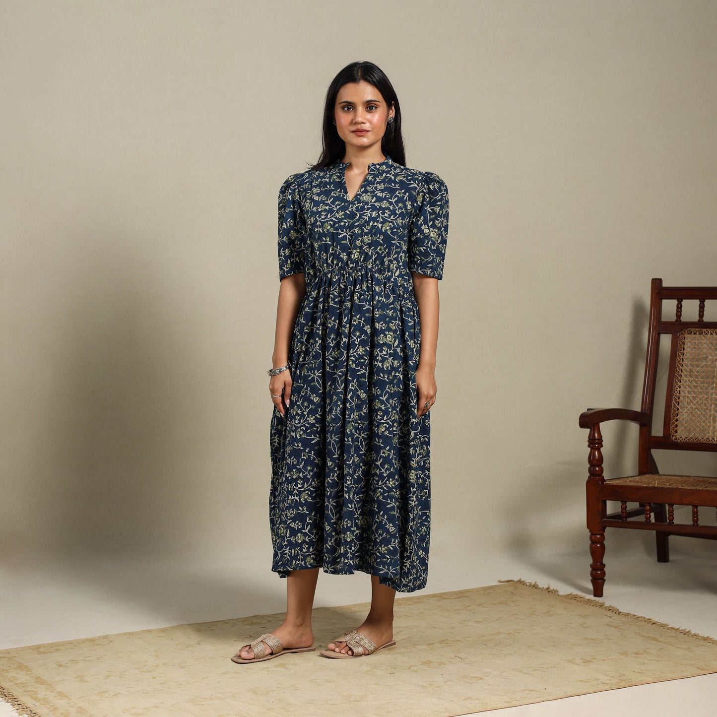 Blue - natural dyed cotton fit & flare dress 04