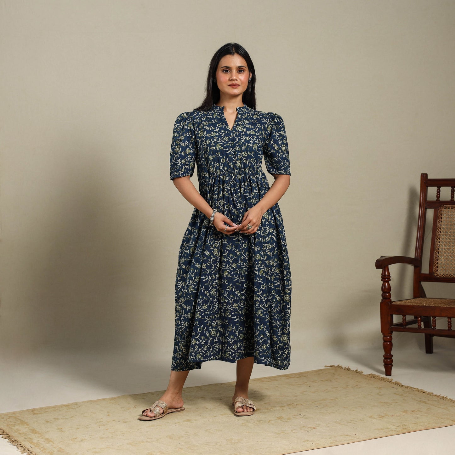 Blue - natural dyed cotton fit & flare dress 04