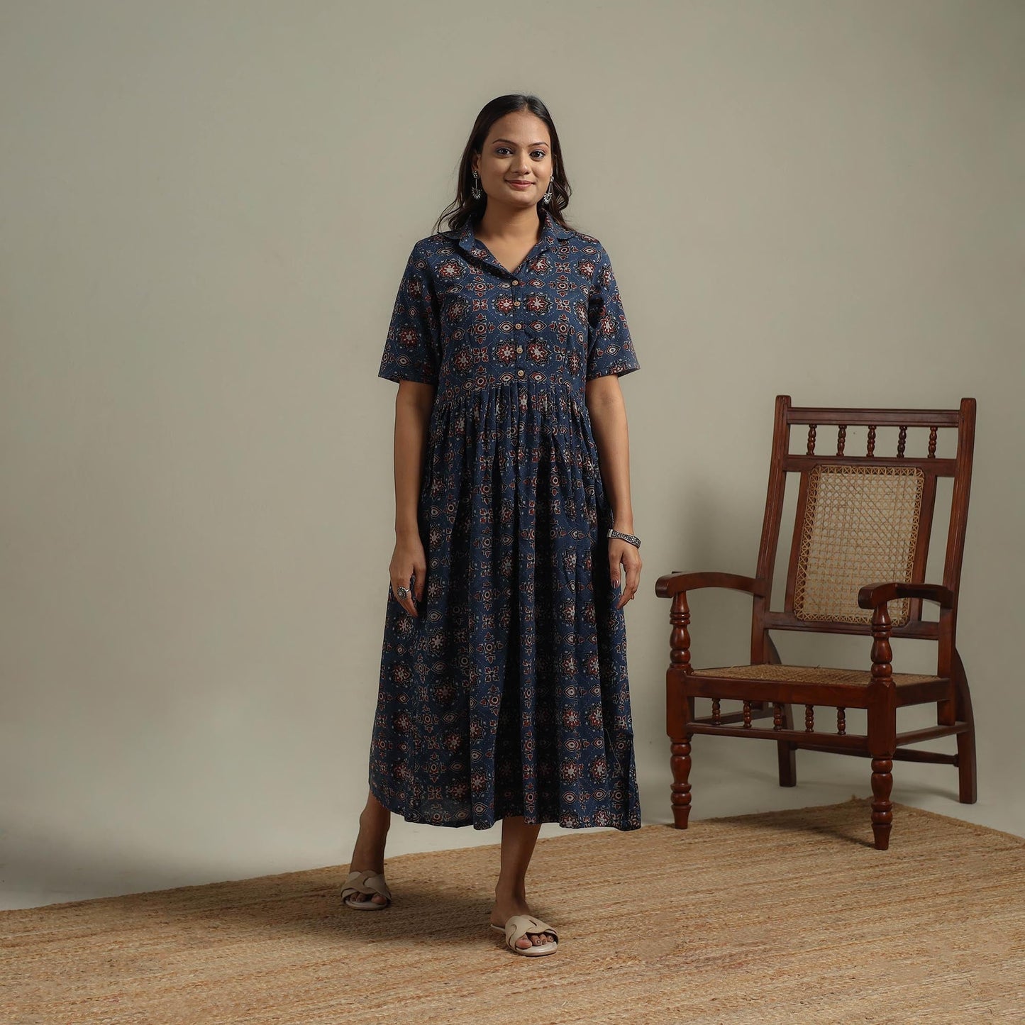 Natural dyed cotton flared dress 09 - handcrafted