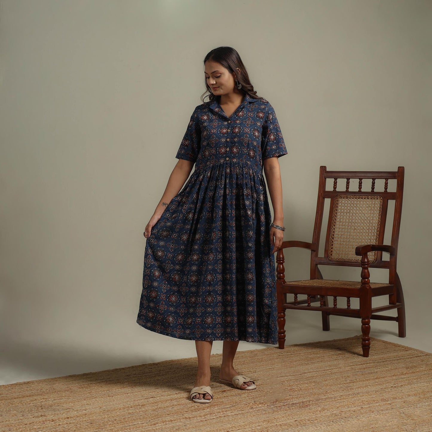 Natural dyed cotton flared dress 09 - handcrafted