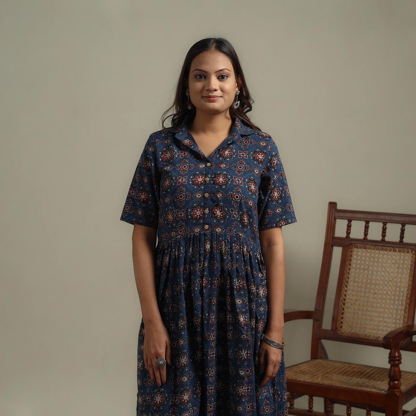 Natural dyed cotton flared dress 09 - handcrafted