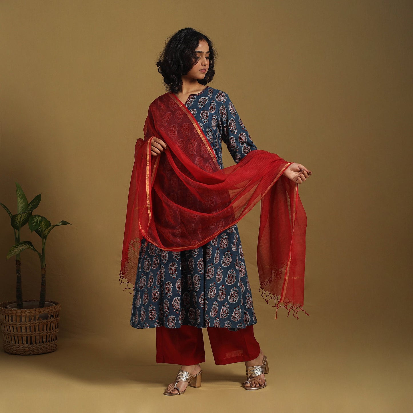 Blue Natural Dyed Block Print Cotton Ajrakh Kurta Set (Set of 3)