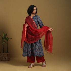 Blue Natural Dyed Block Print Cotton Ajrakh Kurta Set (Set of 3)