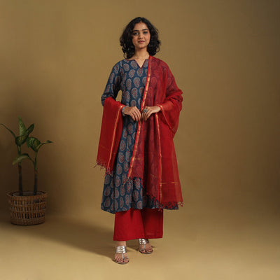 Blue Natural Dyed Block Print Cotton Ajrakh Kurta Set (Set of 3)