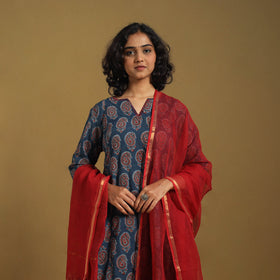 Blue Natural Dyed Block Print Cotton Ajrakh Kurta Set (Set of 3)