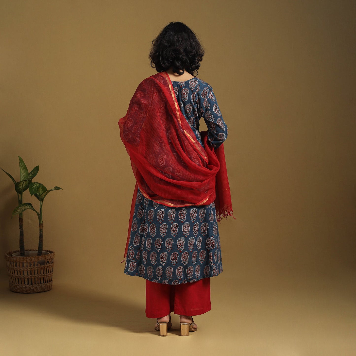 Blue Natural Dyed Block Print Cotton Ajrakh Kurta Set (Set of 3)