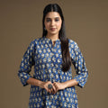Blue Block Print Natural Dyed Cotton A-Line Bagru Kurta 