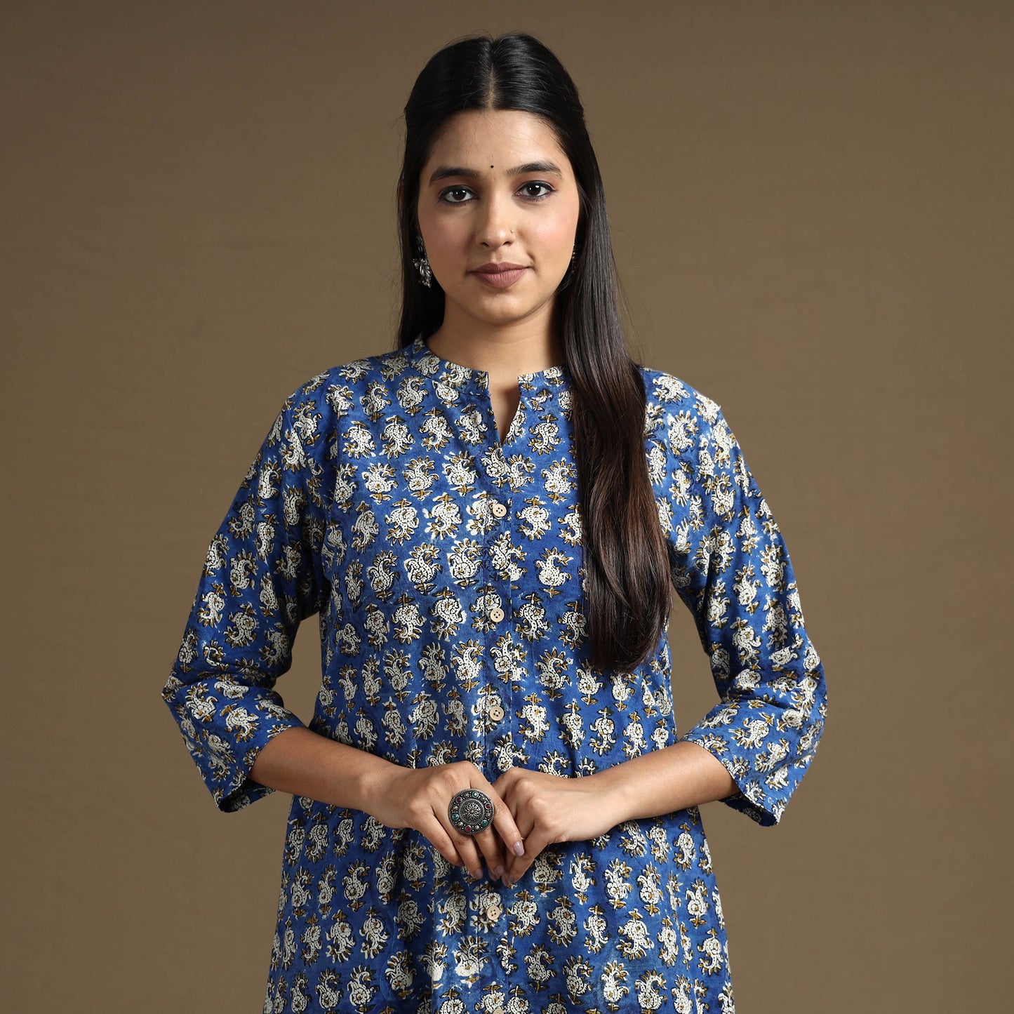Blue Block Print Natural Dyed Cotton A-Line Bagru Kurta 