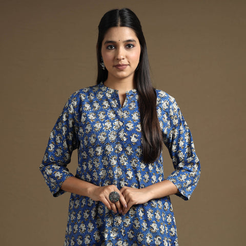 Blue Block Print Natural Dyed Cotton A-Line Bagru Kurta 