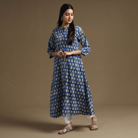 Blue Block Print Natural Dyed Cotton A-Line Bagru Kurta 