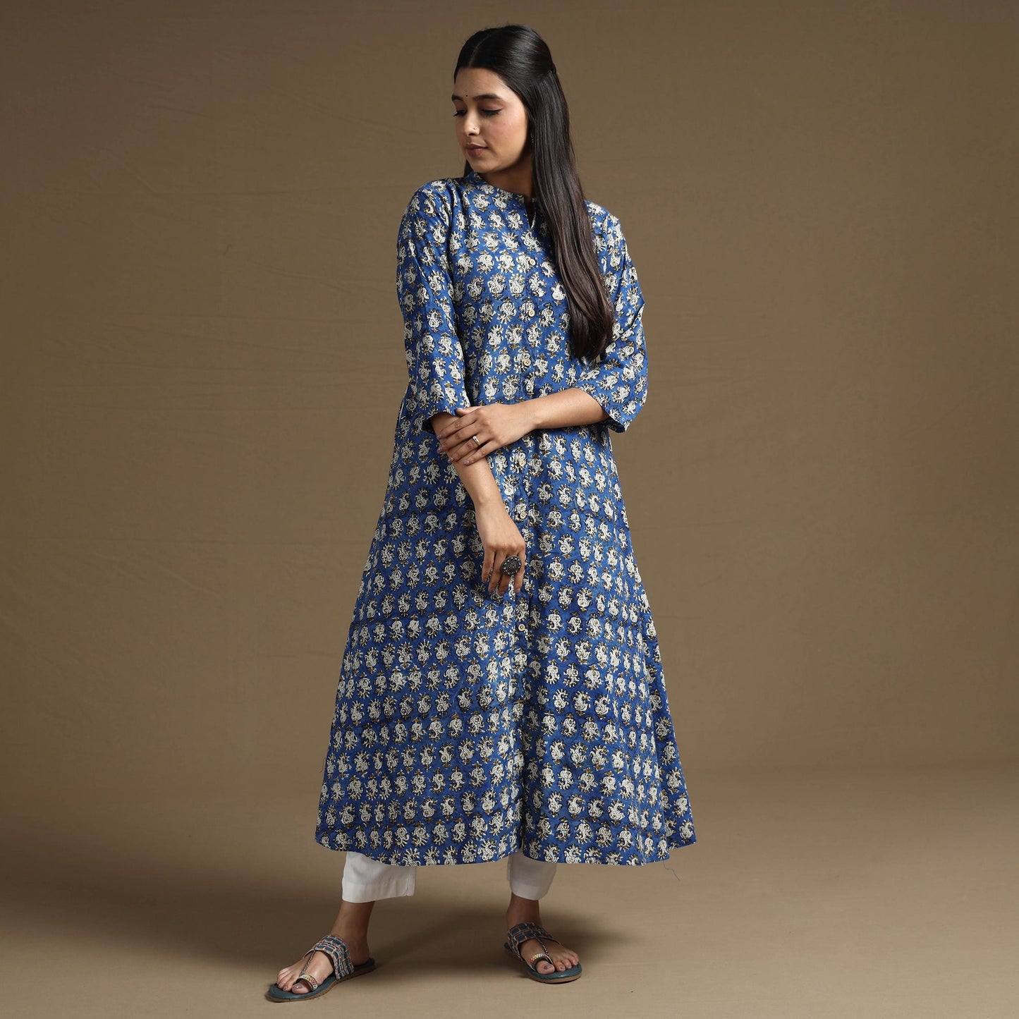 Blue Block Print Natural Dyed Cotton A-Line Bagru Kurta 
