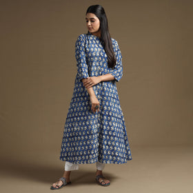 Blue Block Print Natural Dyed Cotton A-Line Bagru Kurta 