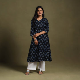 Blue Block Print Natural Dyed Cotton A-Line Bagru Kurta