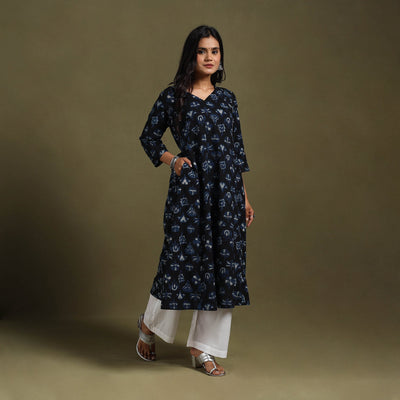 Blue Block Print Natural Dyed Cotton A-Line Bagru Kurta