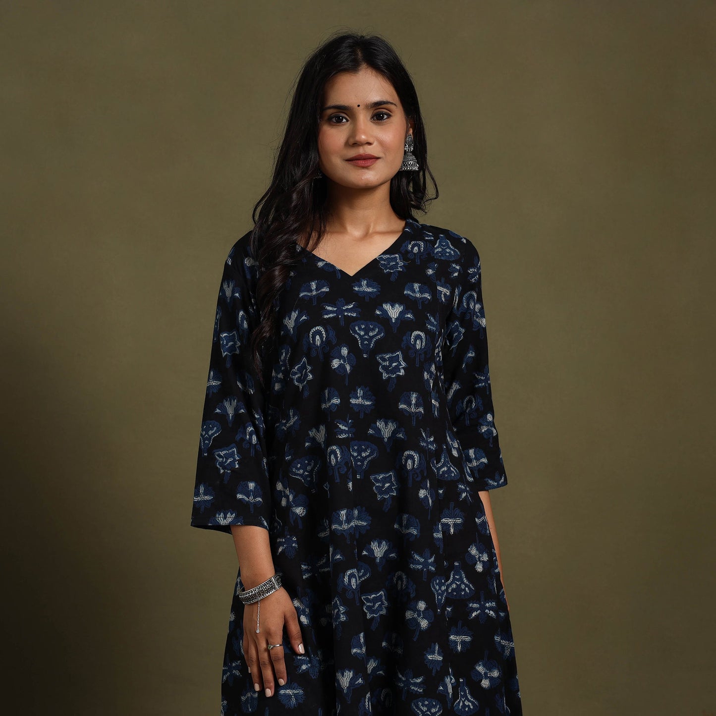Blue Block Print Natural Dyed Cotton A-Line Bagru Kurta