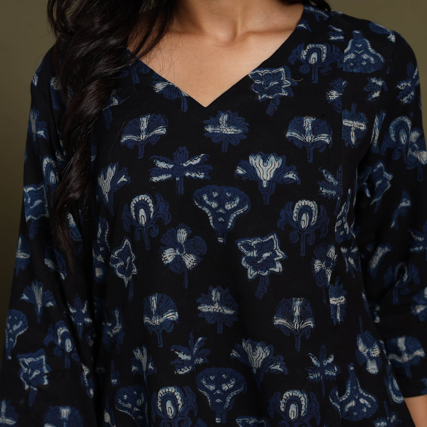 Blue Block Print Natural Dyed Cotton A-Line Bagru Kurta