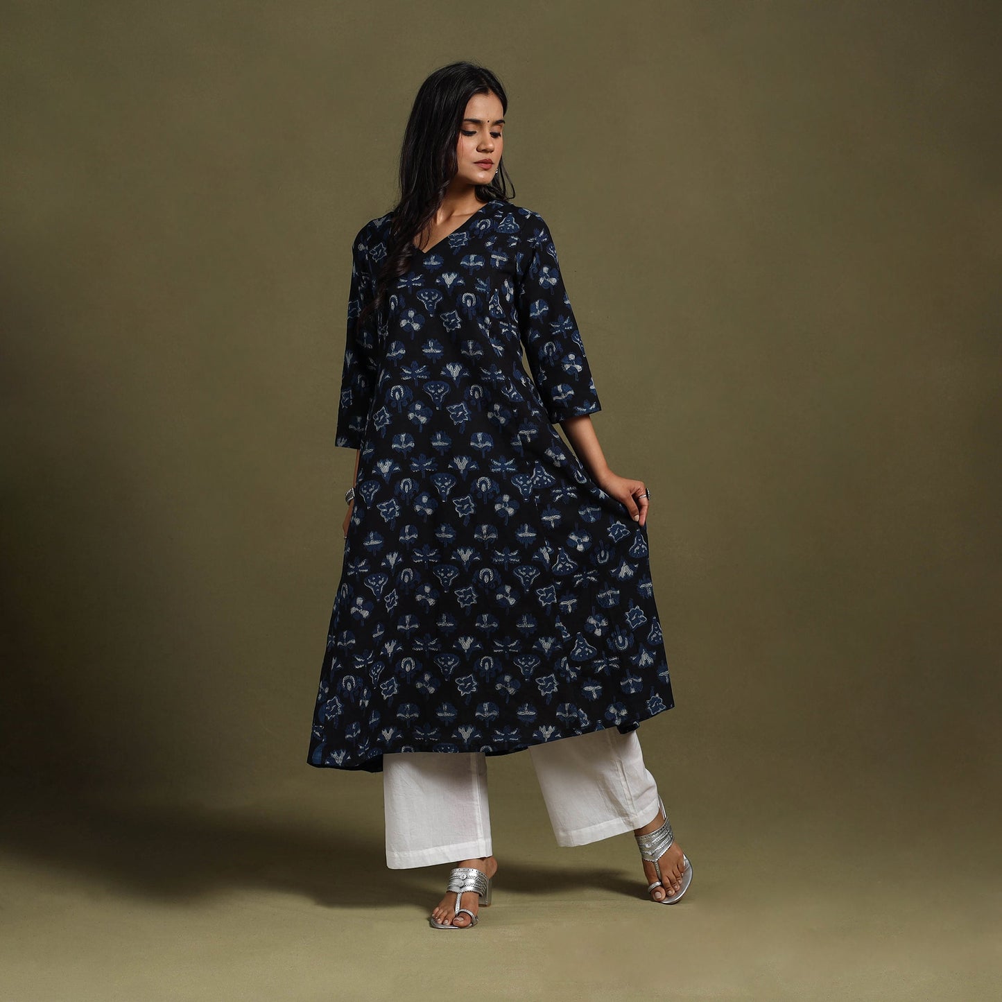 Blue Block Print Natural Dyed Cotton A-Line Bagru Kurta