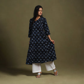 Blue Block Print Natural Dyed Cotton A-Line Bagru Kurta