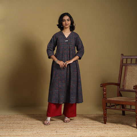 Blue - natural dyed cotton a-line hand kurta