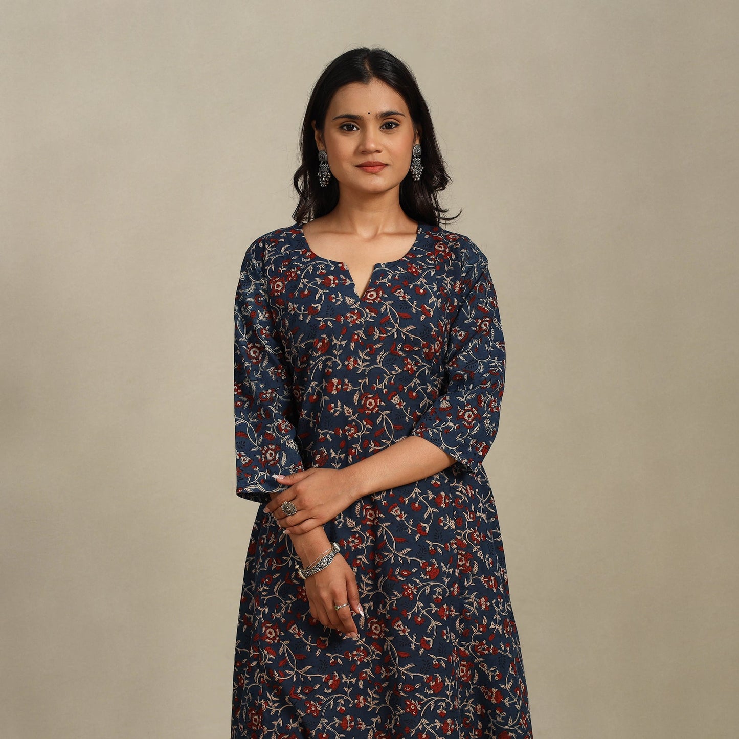 Blue Block Print Natural Dyed Cotton A-Line Ajrakh Kurta
