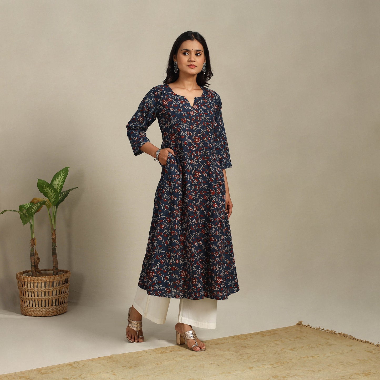 Blue Block Print Natural Dyed Cotton A-Line Ajrakh Kurta