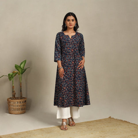 Blue Block Print Natural Dyed Cotton A-Line Ajrakh Kurta