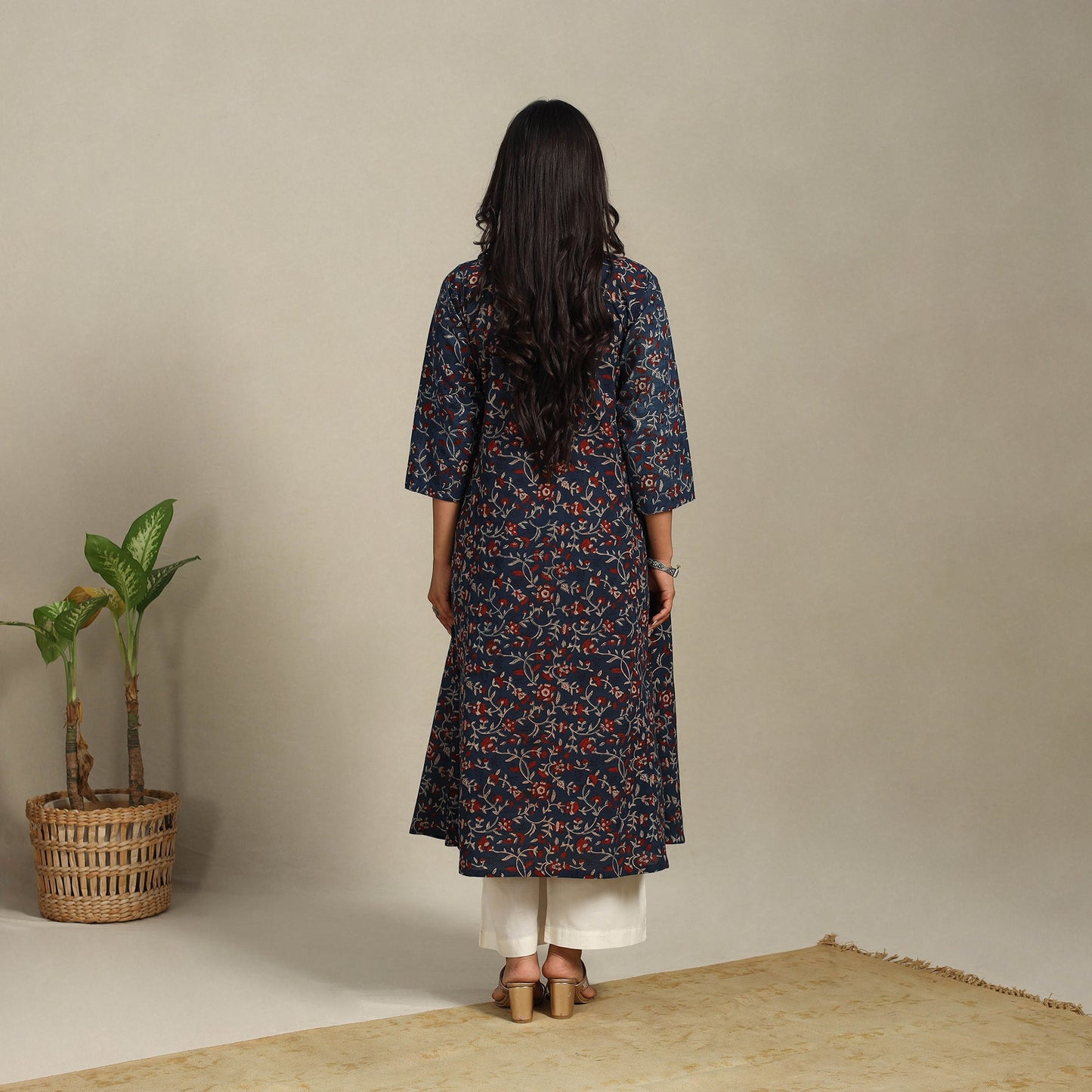 Blue Block Print Natural Dyed Cotton A-Line Ajrakh Kurta