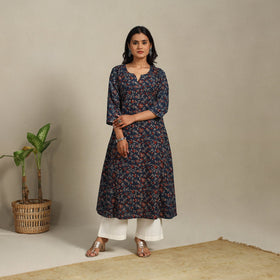 Blue Block Print Natural Dyed Cotton A-Line Ajrakh Kurta