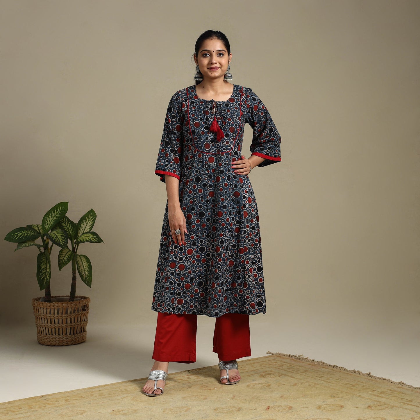 Blue Block Print Natural Dyed Cotton A-Line Ajrakh Kurta