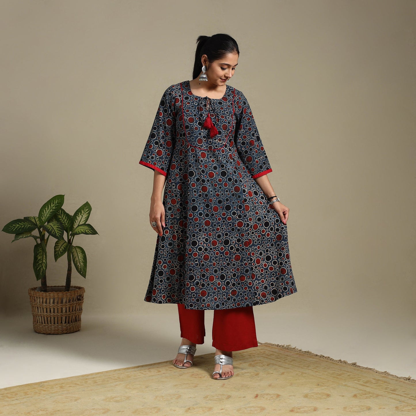 Blue Block Print Natural Dyed Cotton A-Line Ajrakh Kurta