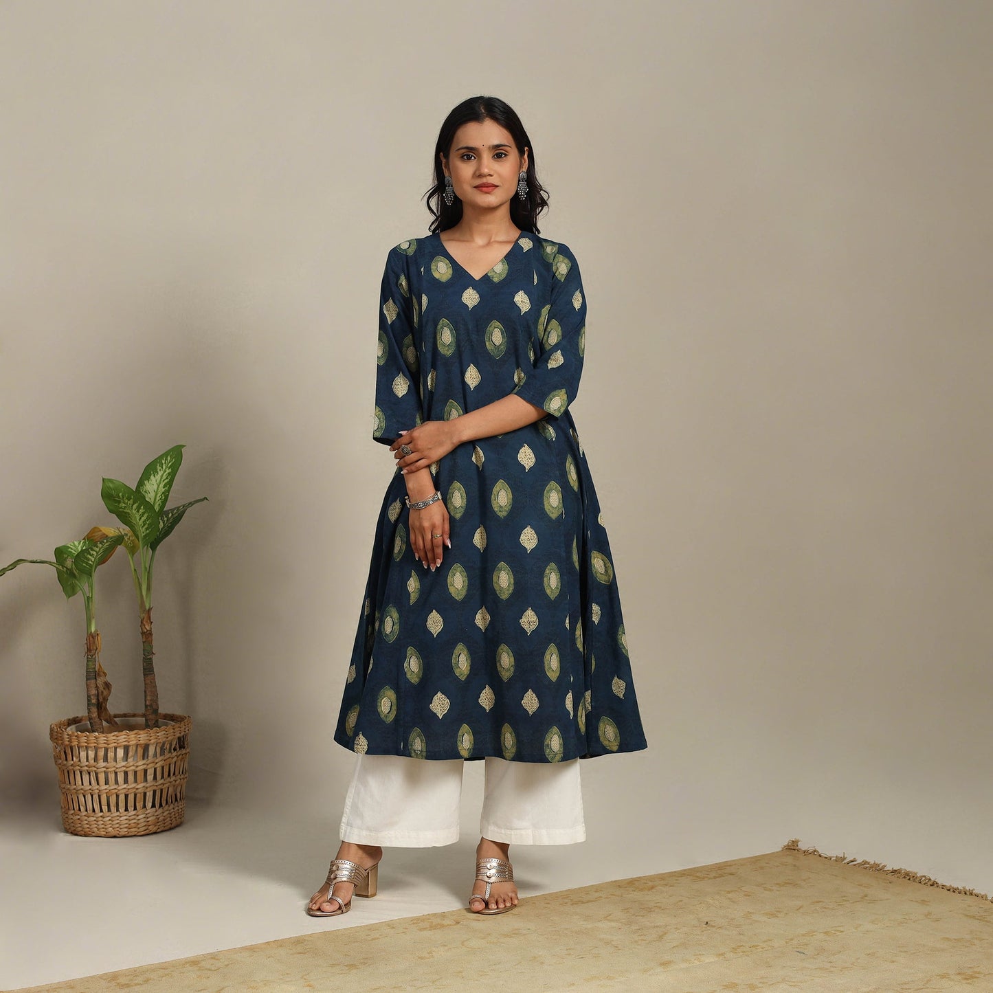 Blue Block Print Natural Dyed Cotton A-Line Ajrakh Kurta