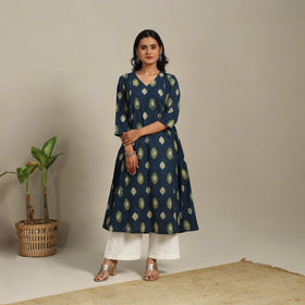 Blue Block Print Natural Dyed Cotton A-Line Ajrakh Kurta