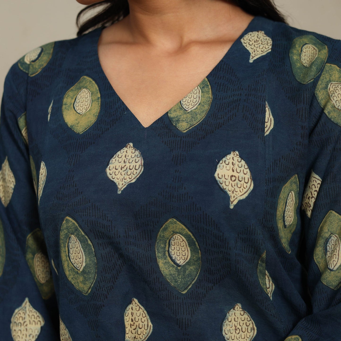 Blue Block Print Natural Dyed Cotton A-Line Ajrakh Kurta