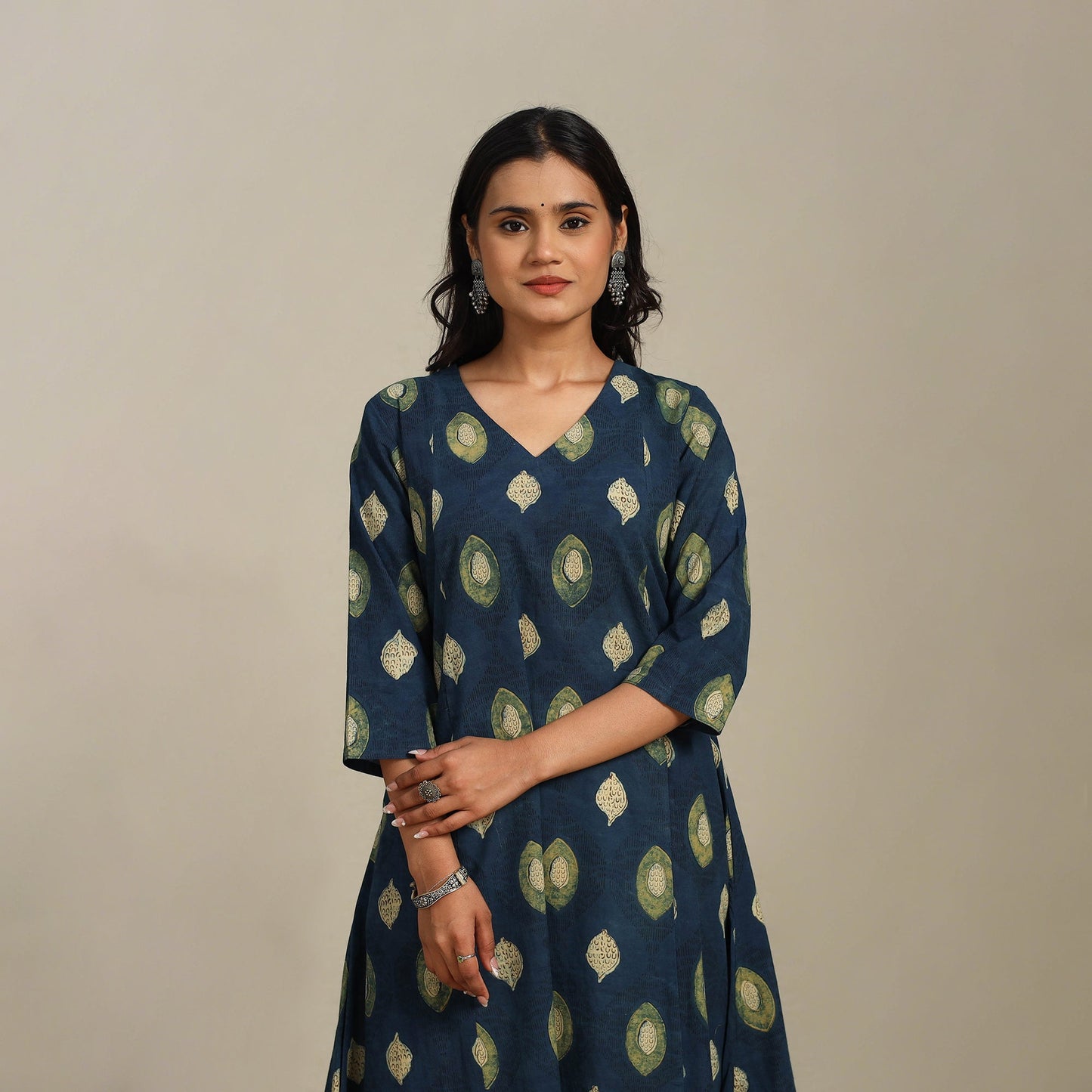 Blue Block Print Natural Dyed Cotton A-Line Ajrakh Kurta