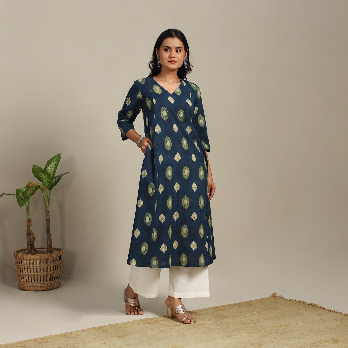 Blue Block Print Natural Dyed Cotton A-Line Ajrakh Kurta