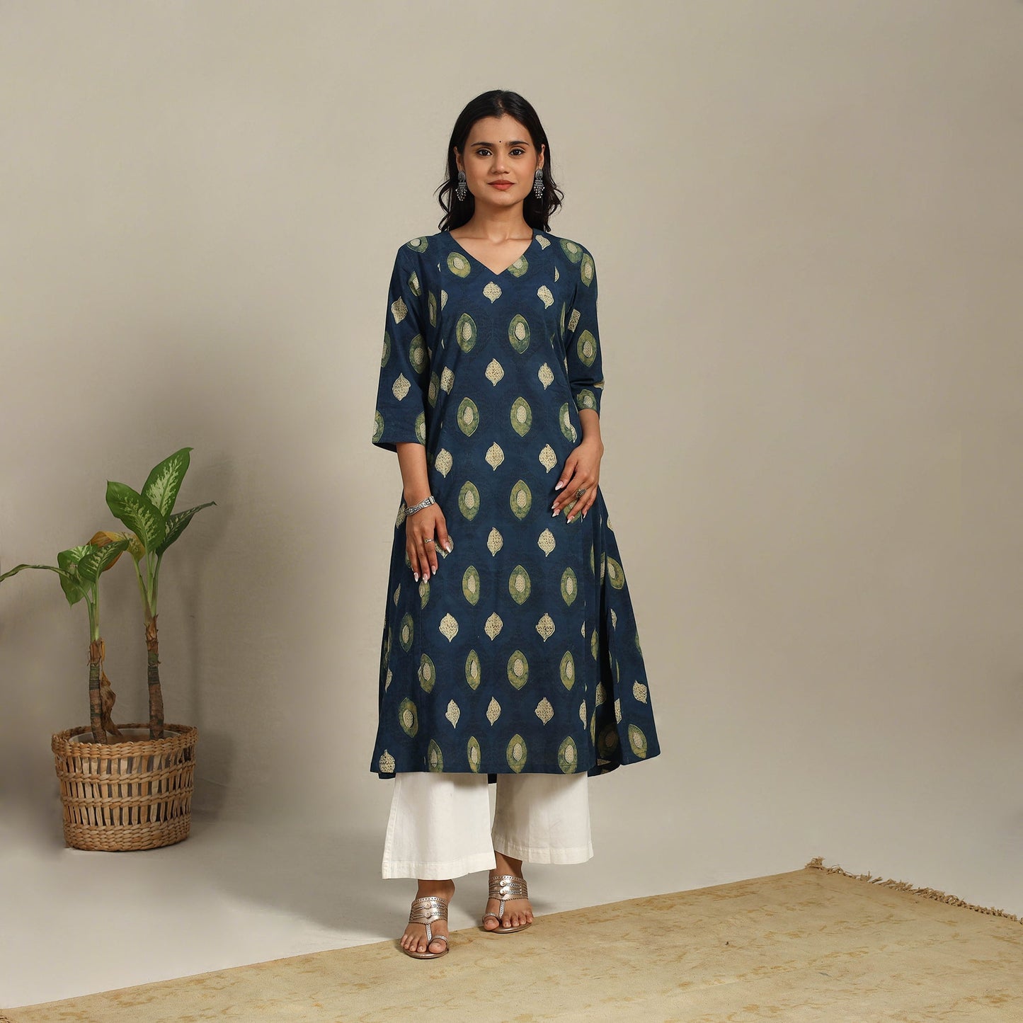 Blue Block Print Natural Dyed Cotton A-Line Ajrakh Kurta