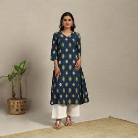 Blue Block Print Natural Dyed Cotton A-Line Ajrakh Kurta