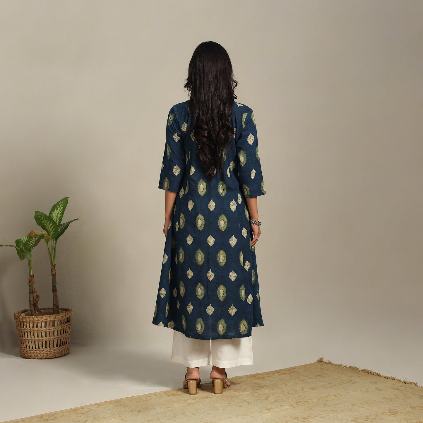 Blue Block Print Natural Dyed Cotton A-Line Ajrakh Kurta