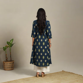 Blue Block Print Natural Dyed Cotton A-Line Ajrakh Kurta